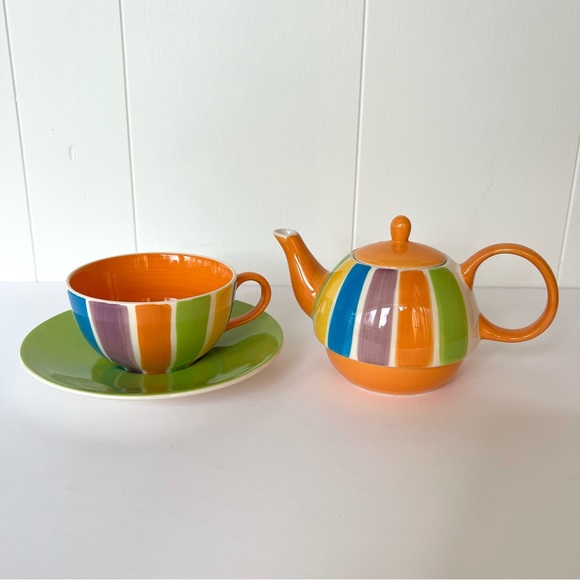 Vintage Hand Painted Cabana Stripes Tea For One Set Canhome Thailand - Picture 3 of 15